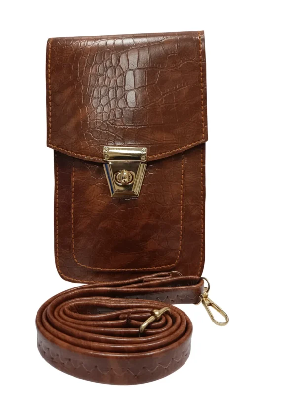 Brown Croc-Embossed Crossbody Phone Pouch with Long Strap (13x8x21 cm)