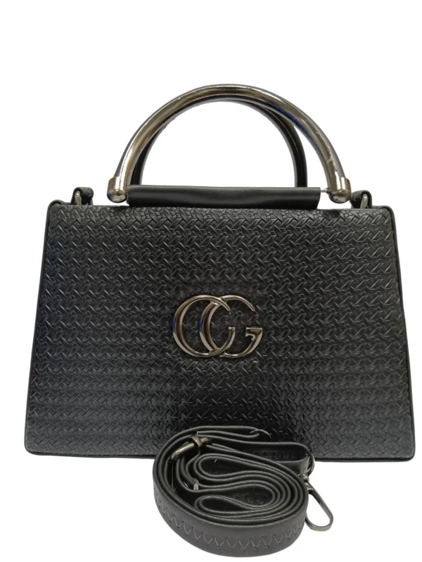 Textured Black Handbag with Golden CG Logo and Detachable Strap (24x9.5x17 cm)