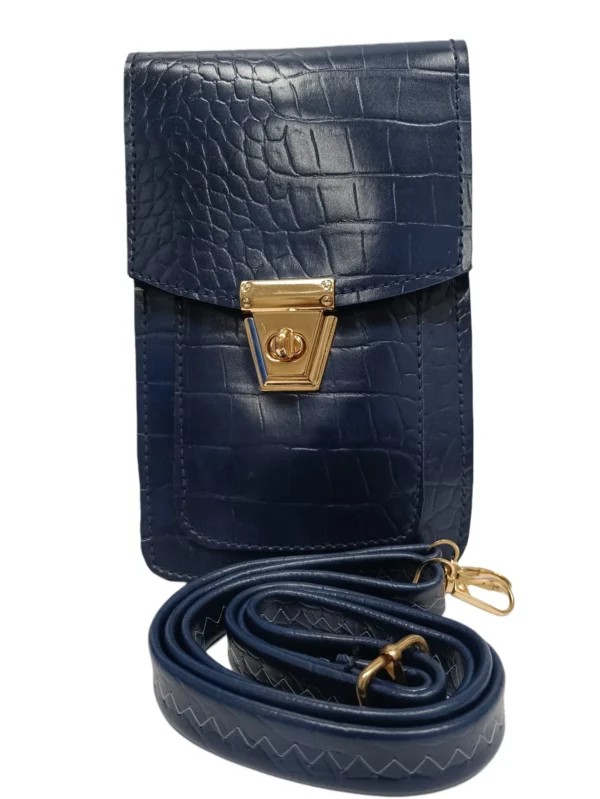 Navy Blue Croc-Embossed Crossbody Phone Pouch with Gold Hardware (13x8x21 cm)